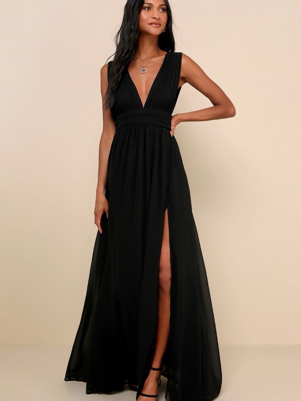 Lulu's Black Plunging V-Neck Maxi Dress with Thigh Slit